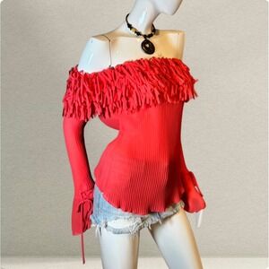 Y2K Dressbarn Salmon Off-Shoulder Pleated Fringe Top Bell Sleeves – Size Medium